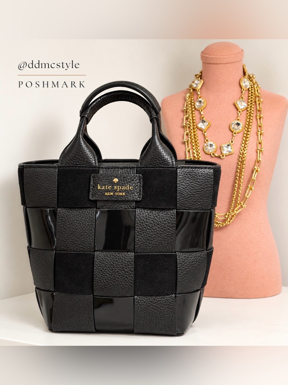 Kate Spade ♠️ Tuxedo Check Black Leather Velvet monochrome Color Block Tote